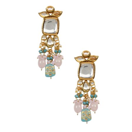 Mirror Stone Drop Earrings with Pearl and Pastel Bead Tassels